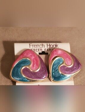 Colorful Heart Enamel French Hook Earrings - Pink, Purple & Teal